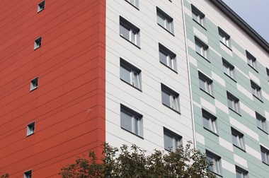 Part of the façade in blue and white